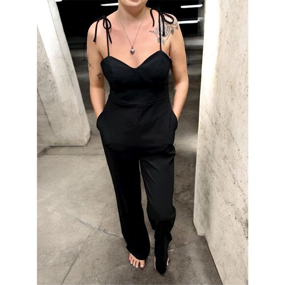 Crystal Sky SZ M Black Shoulder Tie-Strap Wide Leg Jumpsuit - Picture 1 of 8